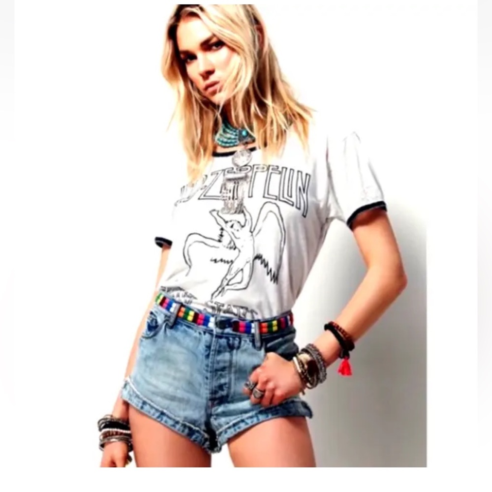 Free people denim shorts Boho high waisted cheeky embroidered rainbow belted